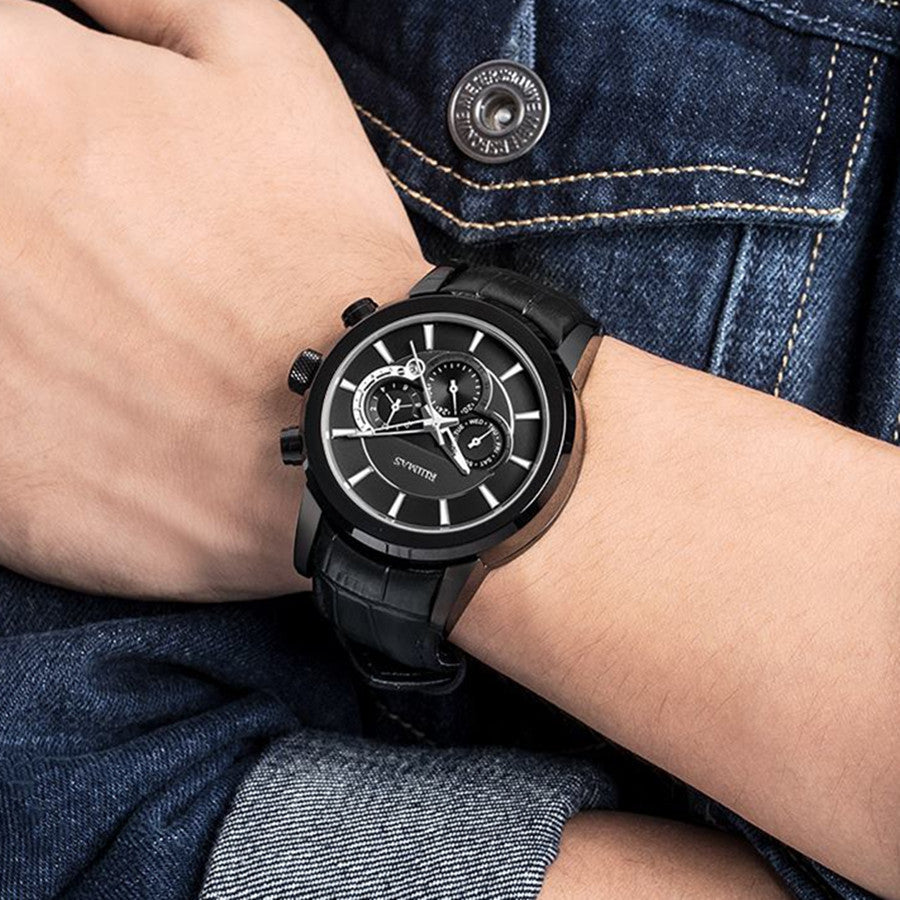 RUIMAS men's mechanical watch with stainless steel case, chronograph dial, and genuine leather strap — view 4