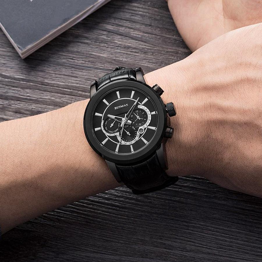 RUIMAS men's mechanical watch with stainless steel case, chronograph dial, and genuine leather strap — view 5