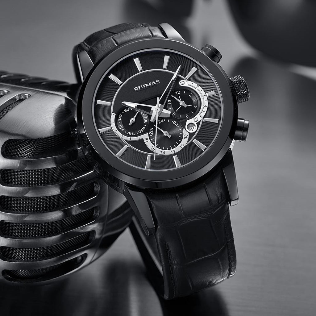 RUIMAS men's mechanical watch with stainless steel case, chronograph dial, and genuine leather strap — view 9