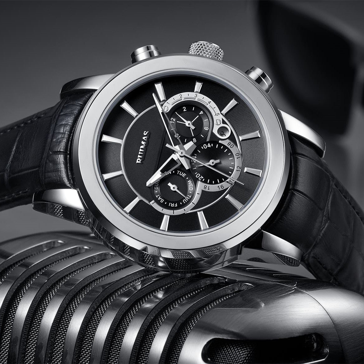 RUIMAS men's mechanical watch with stainless steel case, chronograph dial, and genuine leather strap — view 8