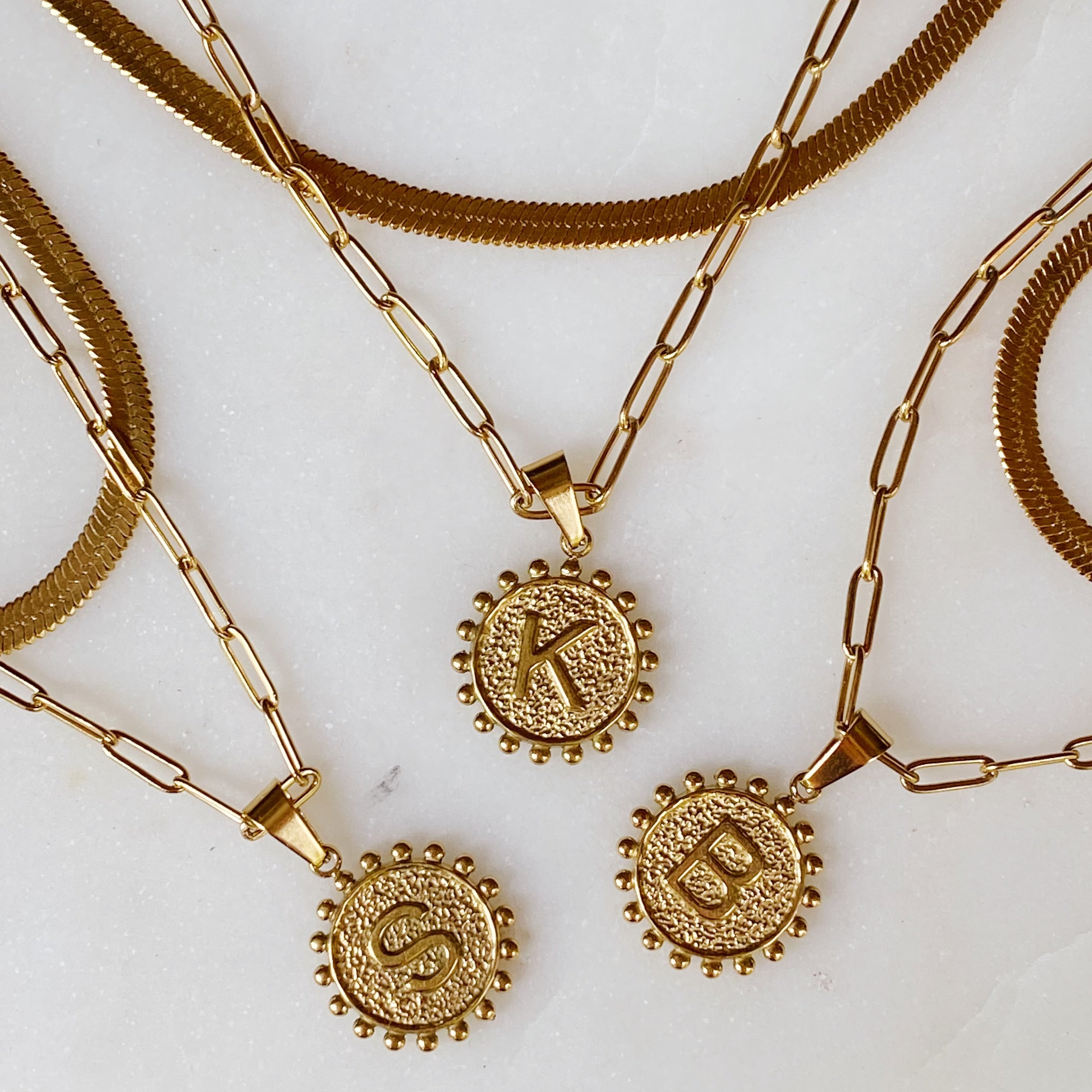 18K gold plated layered double chain necklace with reversible initial and heart charm