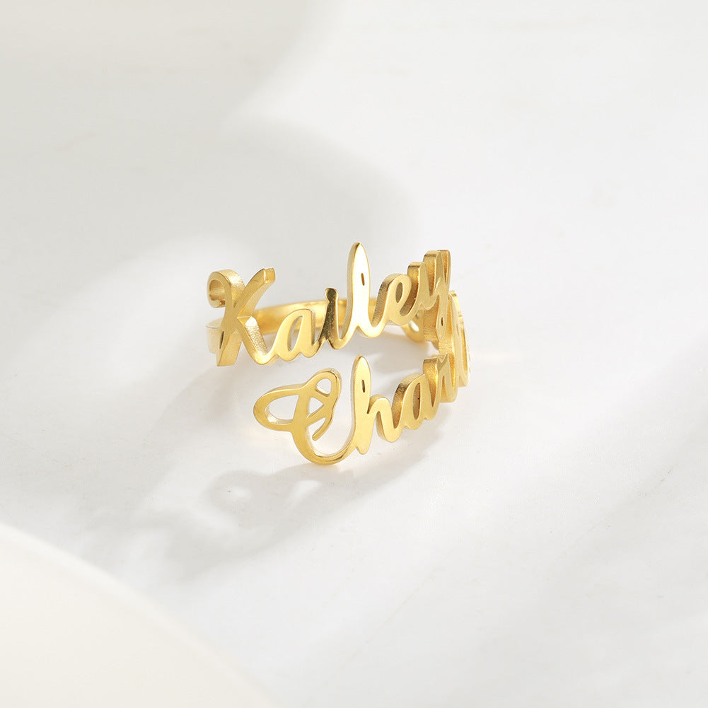 Adjustable custom name stainless steel ring with personalized engraving and elegant heart detail — view 4