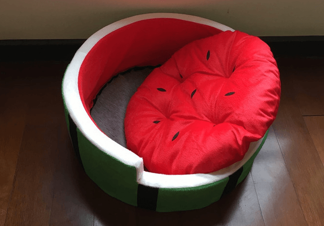 Juicy oasis pet bed in vibrant red and green watermelon design made of plush cotton — view 3