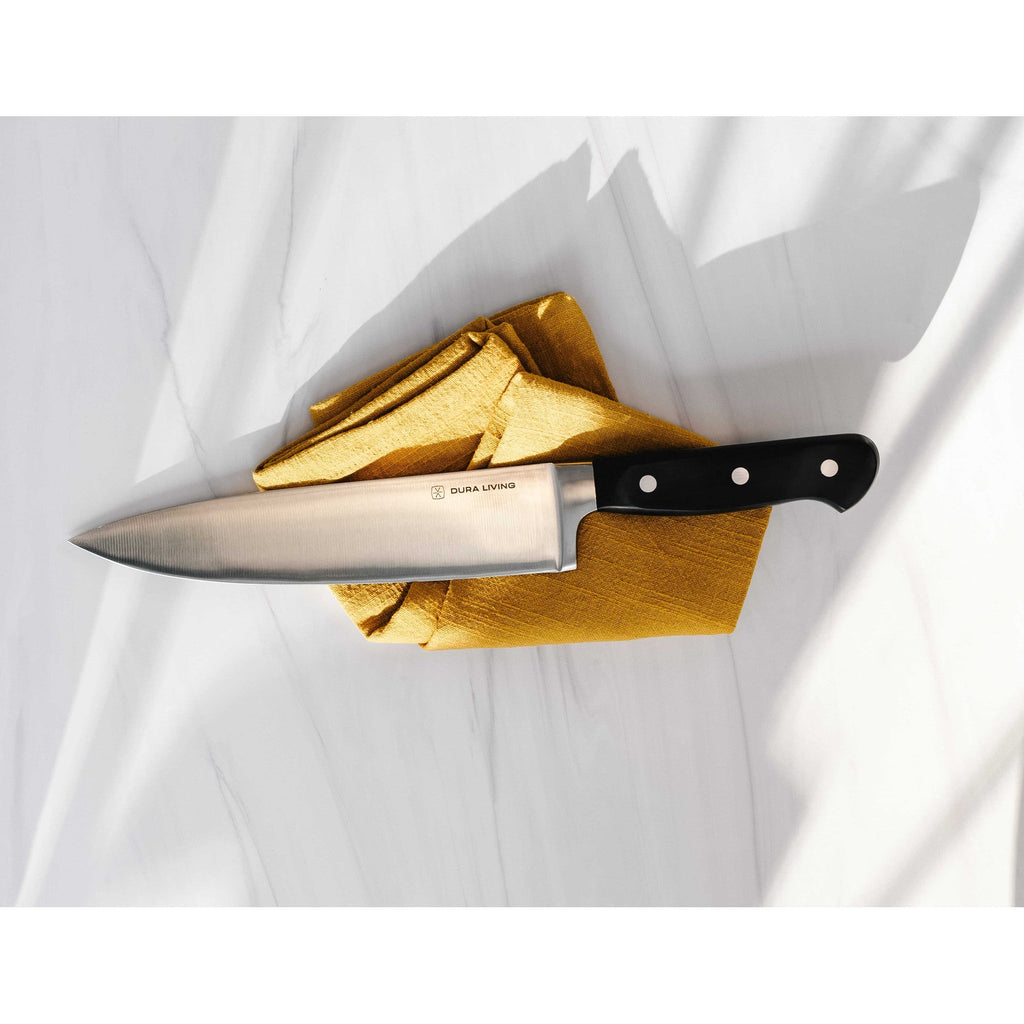 Superior 3-piece kitchen knife set with black ergonomic handles and protective blade guards — view 4