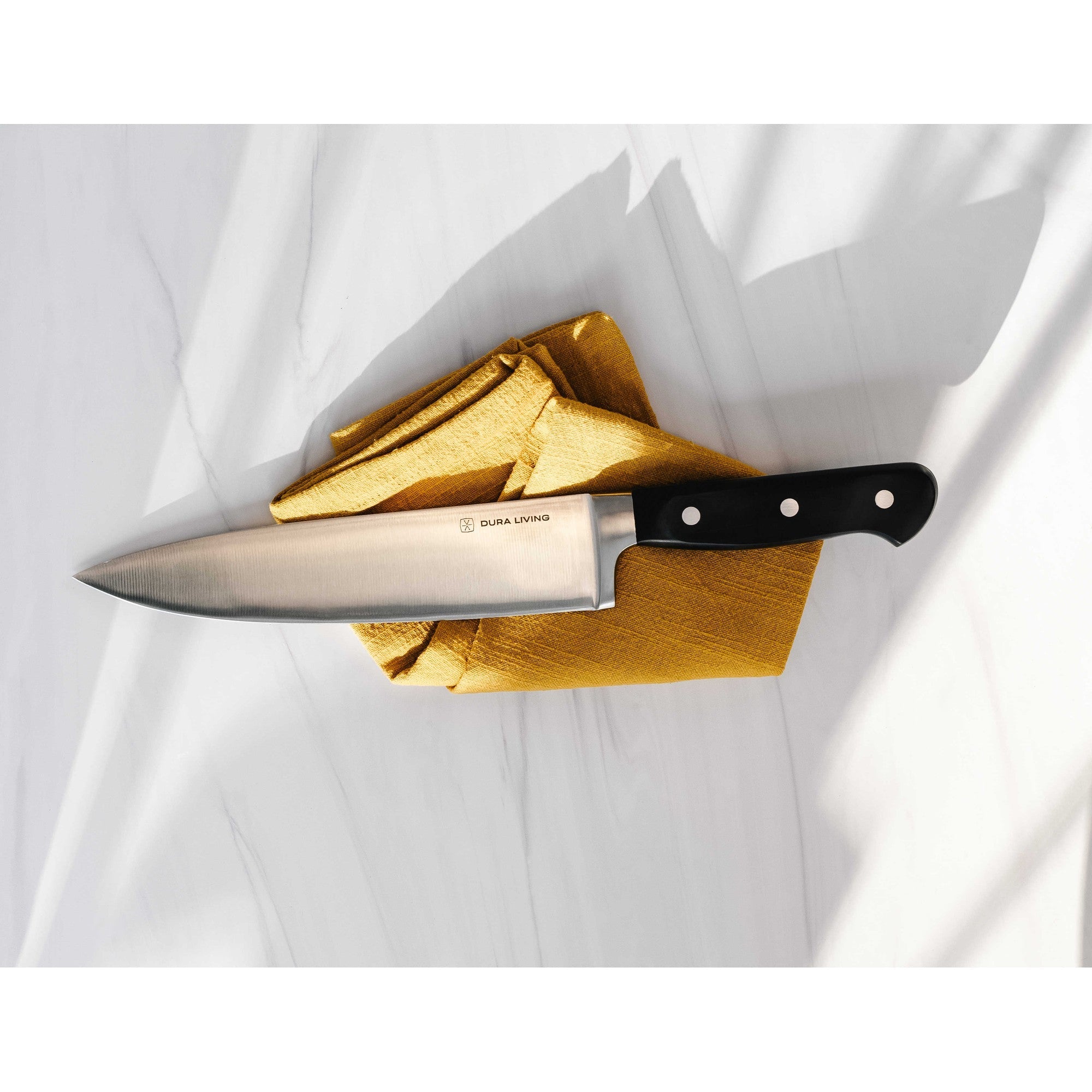 Superior 3-piece kitchen knife set with black ergonomic handles and protective blade guards — view 4
