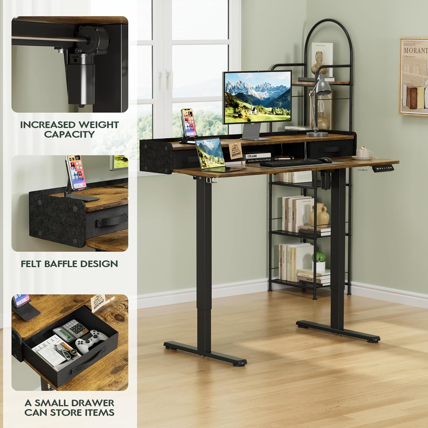 Electric adjustable standing desk with two drawers and control panel for ergonomic home office setups. — view 4