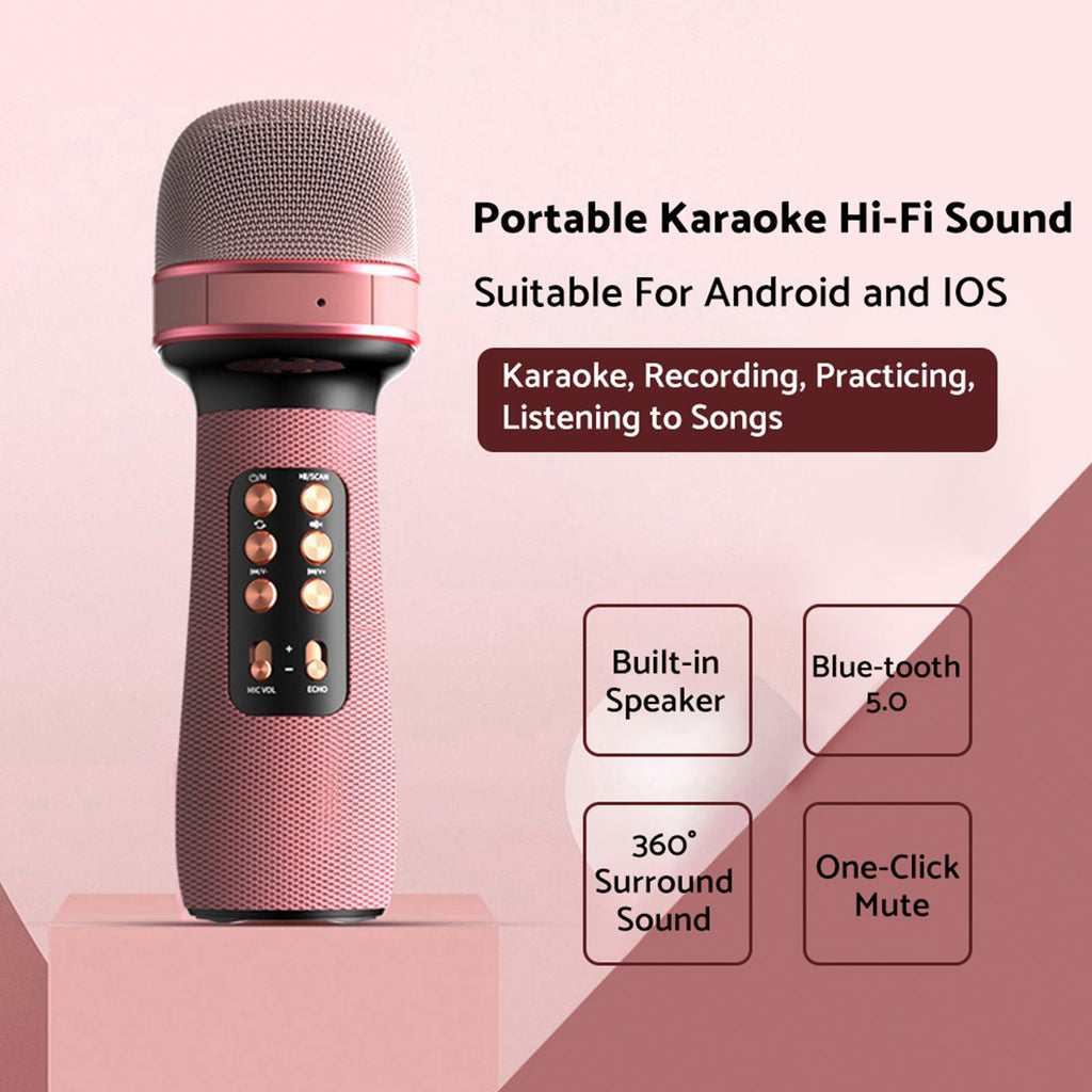 Wireless bluetooth portable karaoke microphone with built-in speaker in pink or black finish — view 3
