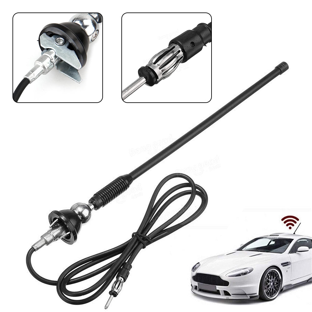 Black flexible rubber universal car antenna with swivel mounting base and long extension cable — view 2