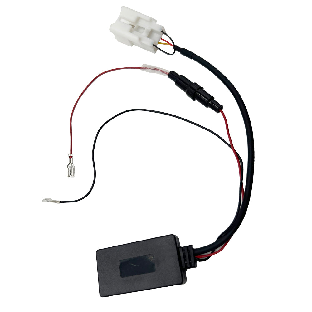 Black Bluetooth 5.0 car audio adapter module with wire harness and plug and play connector — view 2