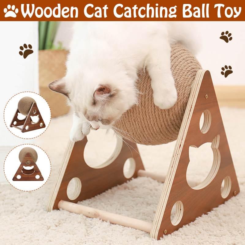 Wooden cat scratcher toy with natural sisal rope spinning ball on a solid wood frame