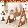 Wooden cat scratcher toy with natural sisal rope spinning ball on a solid wood frame