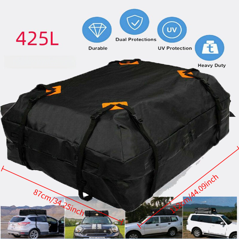 Waterproof ABS roof cargo box with orange trim, mounted securely on a vehicle roof rack — view 4