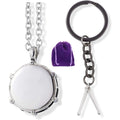 Silver metal snare drum charm necklace and matching drumsticks keychain for musicians