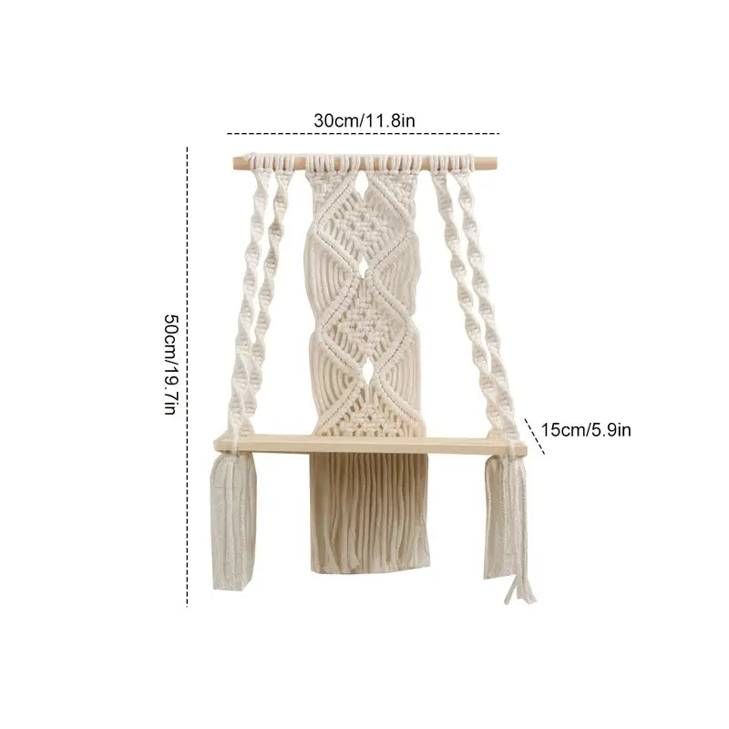 Handcrafted solid wood and woven cotton bohemian floating wall shelf with mounting hardware — view 3