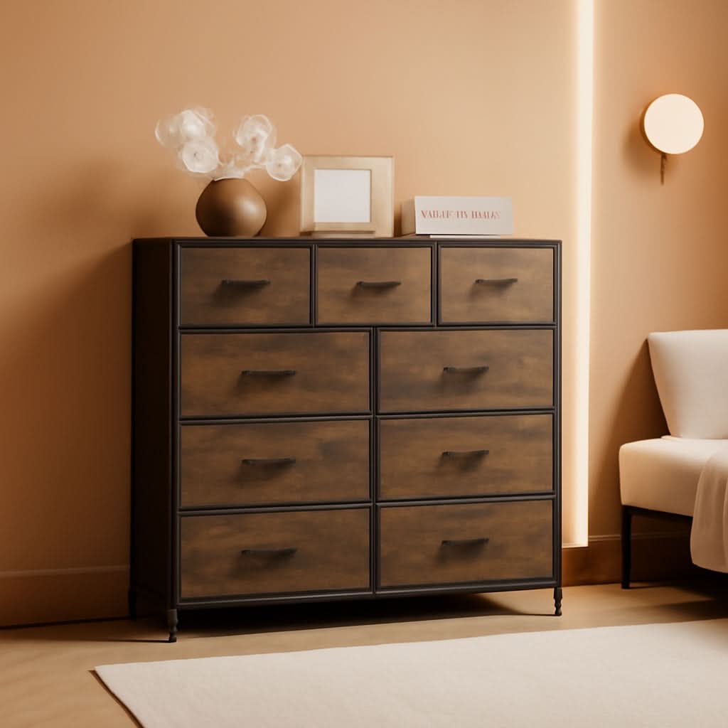 Dark grey 9-drawer fabric dresser with natural wood top and sturdy black steel frame.