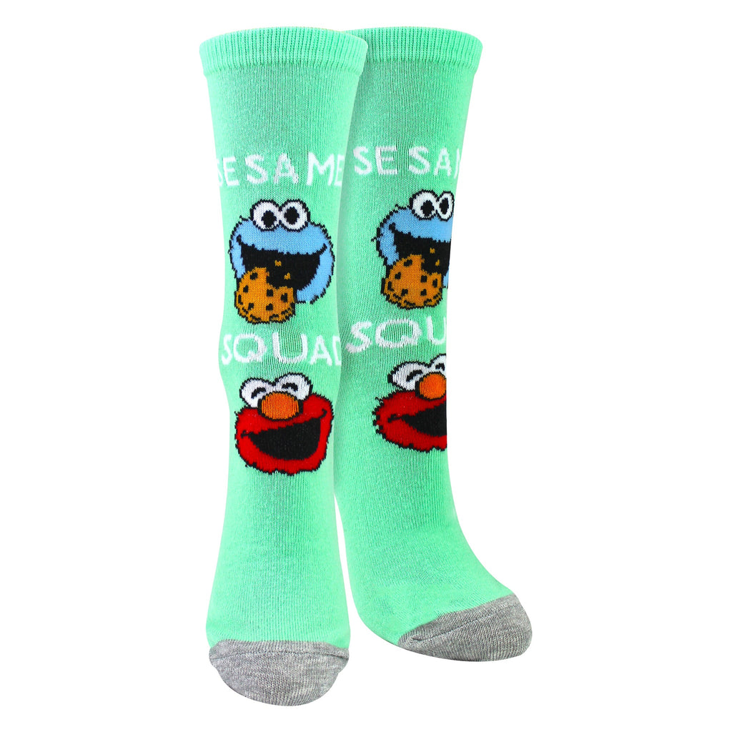Vibrant blue ladies crew socks featuring a fun novelty character pattern in a soft cotton blend.