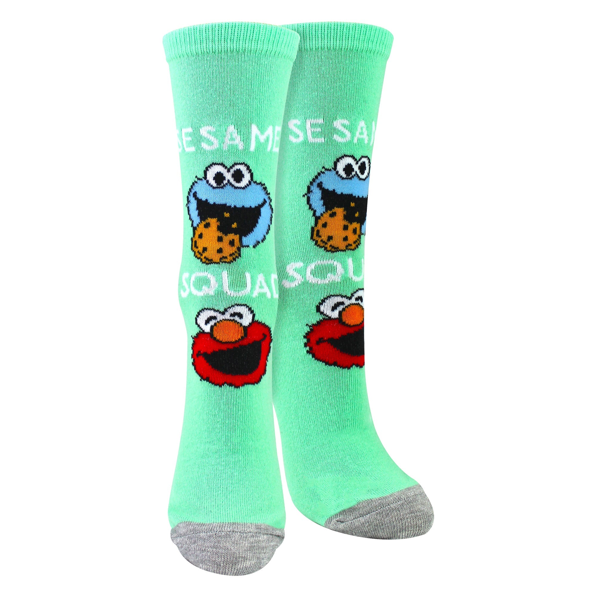 Vibrant blue ladies crew socks featuring a fun novelty character pattern in a soft cotton blend.