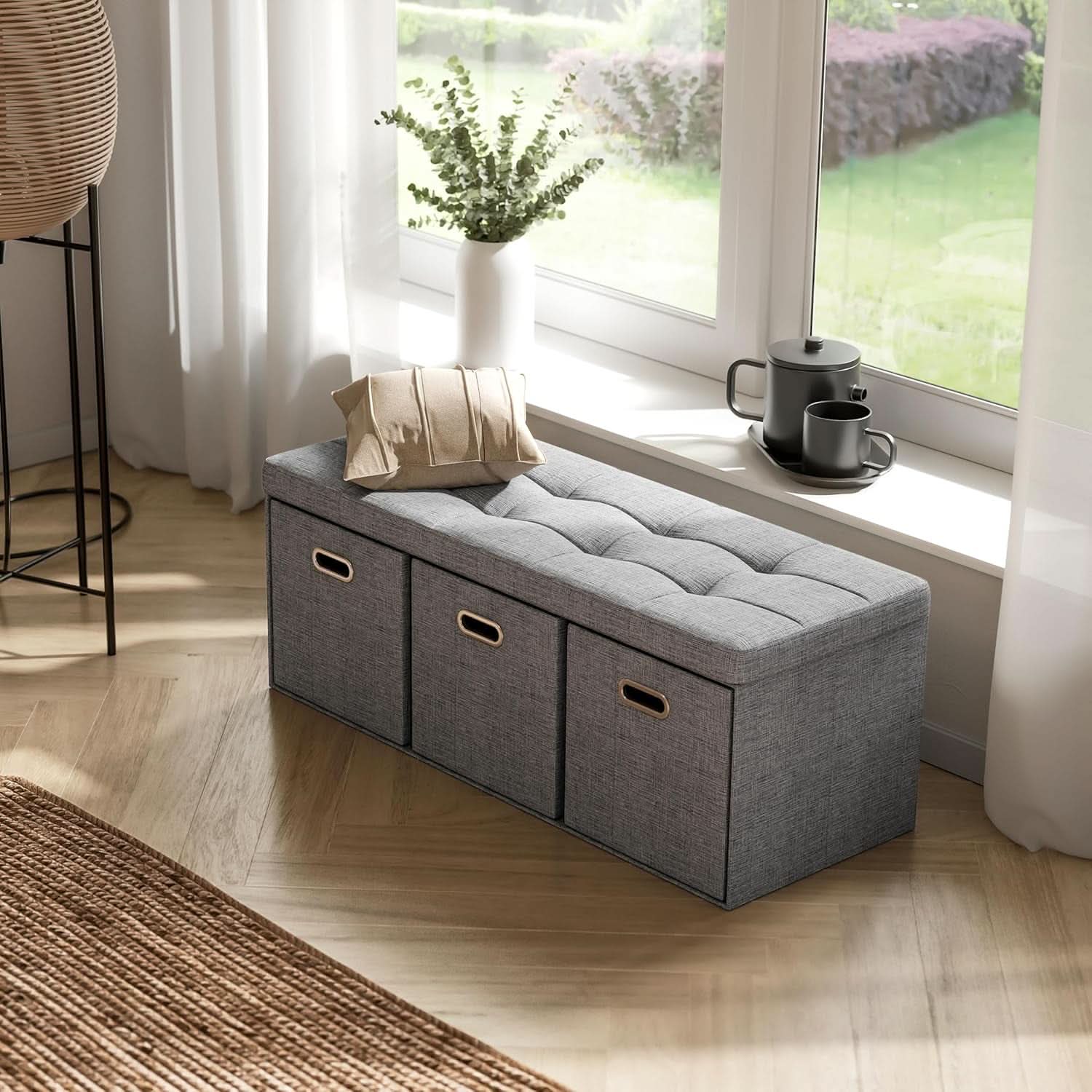 Oversized 40-inch gray linen storage ottoman with three cube drawers and a tufted cushion top — view 4