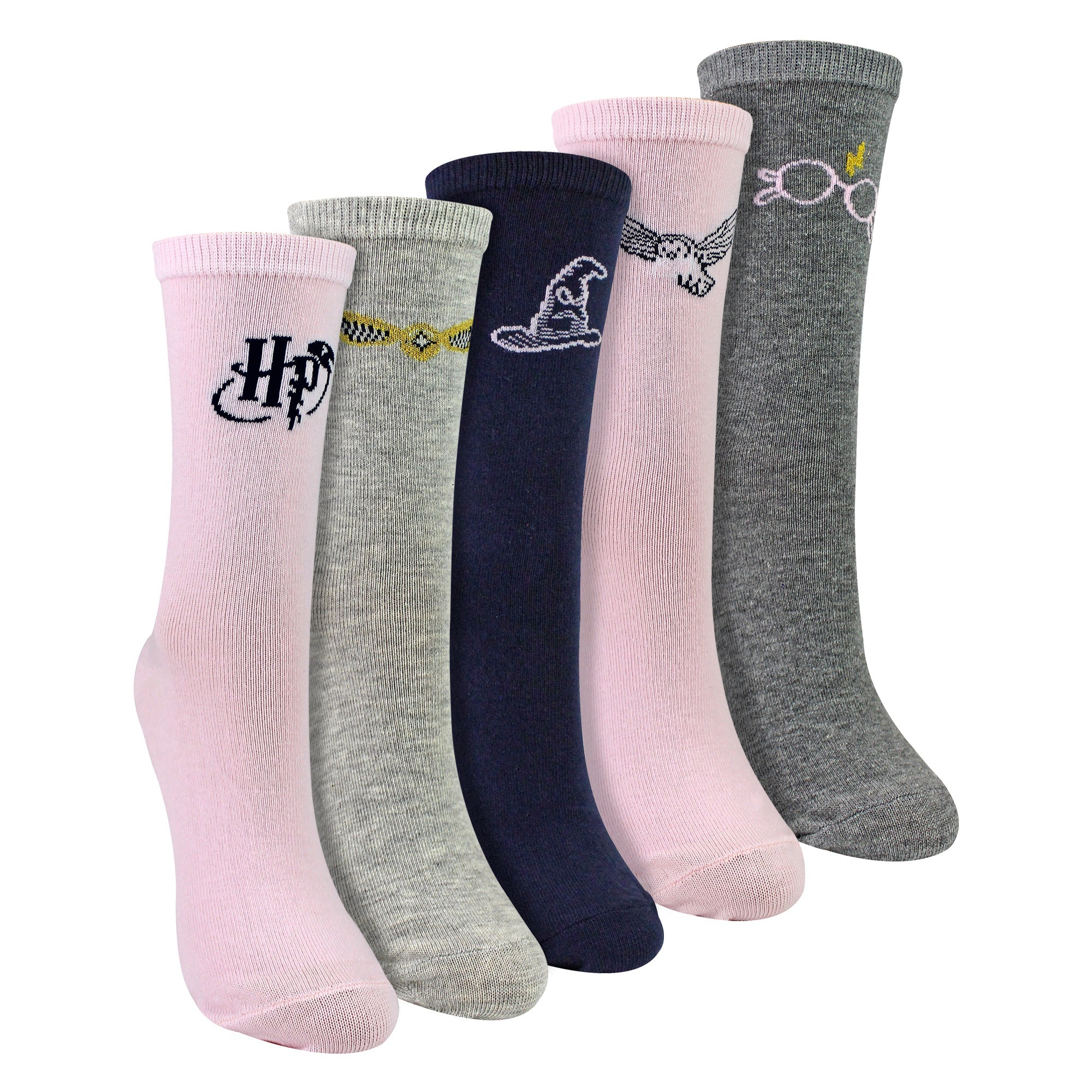 Five pairs of pink and white Harry Potter novelty cotton crew socks for ladies
