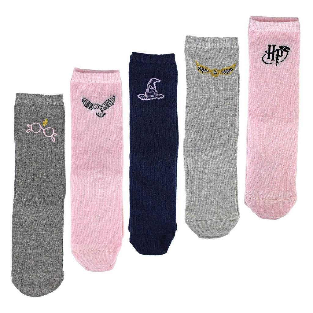 Five pairs of pink and white Harry Potter novelty cotton crew socks for ladies — view 3
