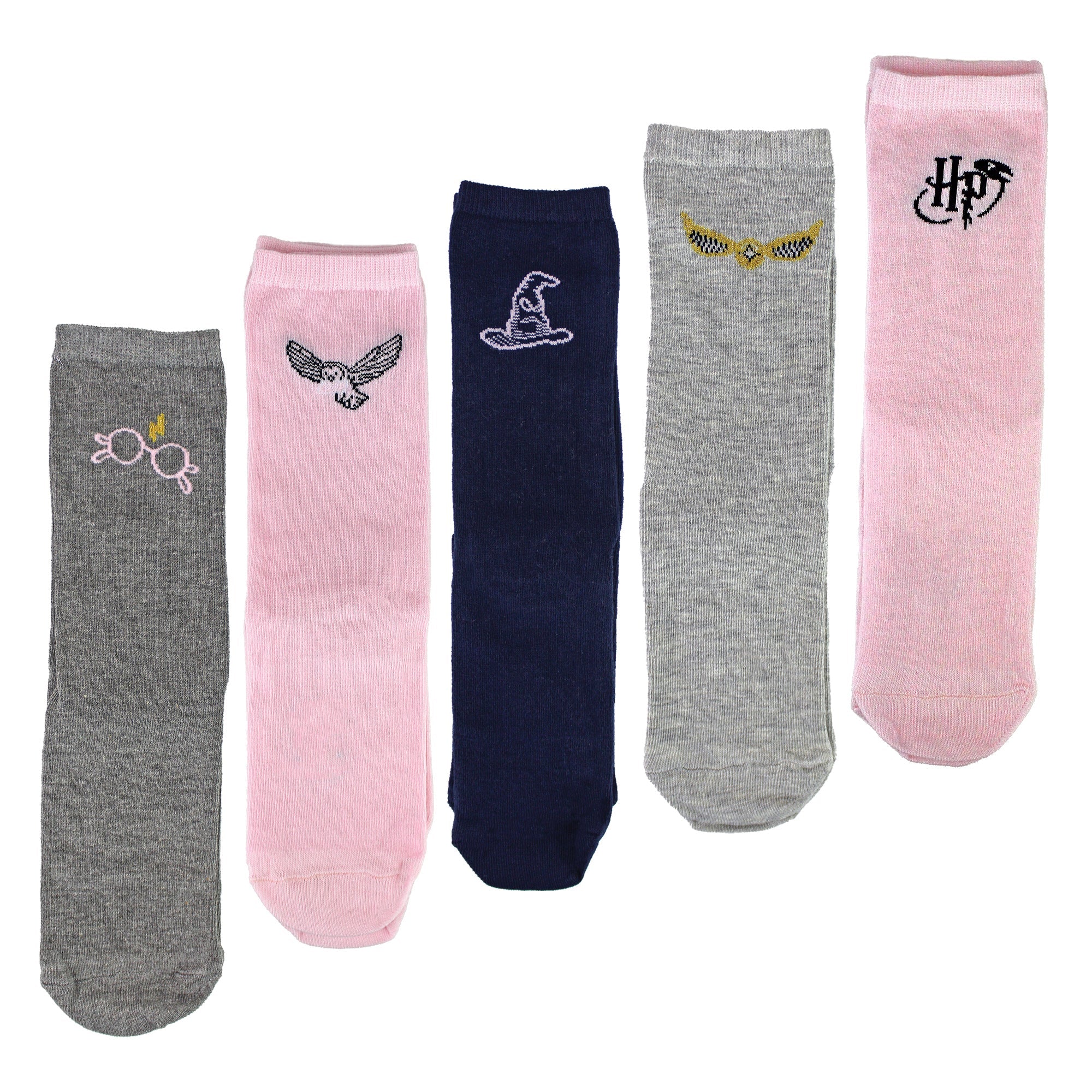 Five pairs of pink and white Harry Potter novelty cotton crew socks for ladies — view 3
