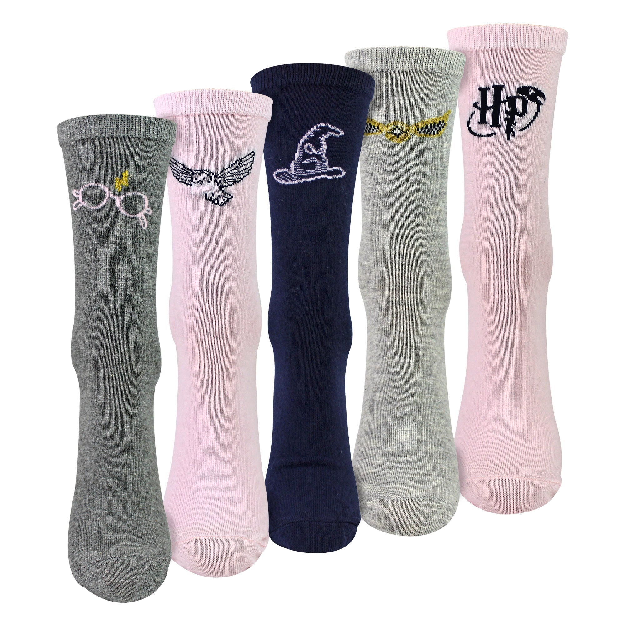 Five pairs of pink and white Harry Potter novelty cotton crew socks for ladies — view 4