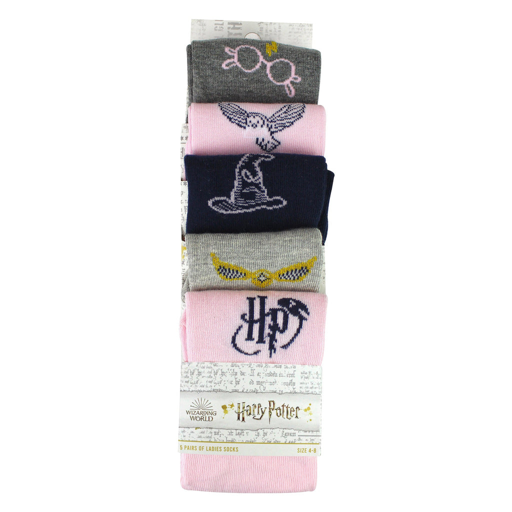 Five pairs of pink and white Harry Potter novelty cotton crew socks for ladies — view 2