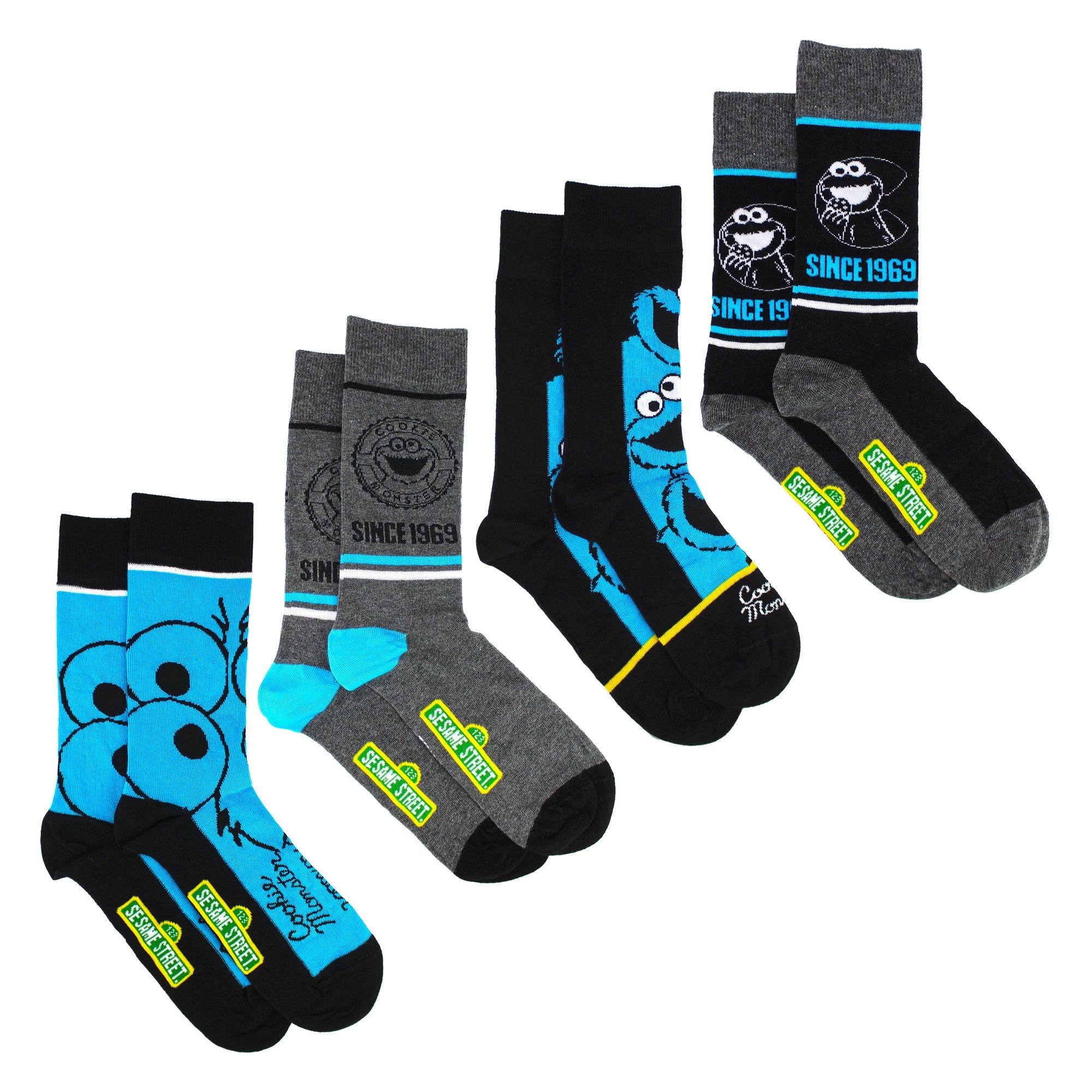 Mens Cookie Monster novelty socks 4-pack featuring assorted blue patterns crew length and cotton blend — view 3
