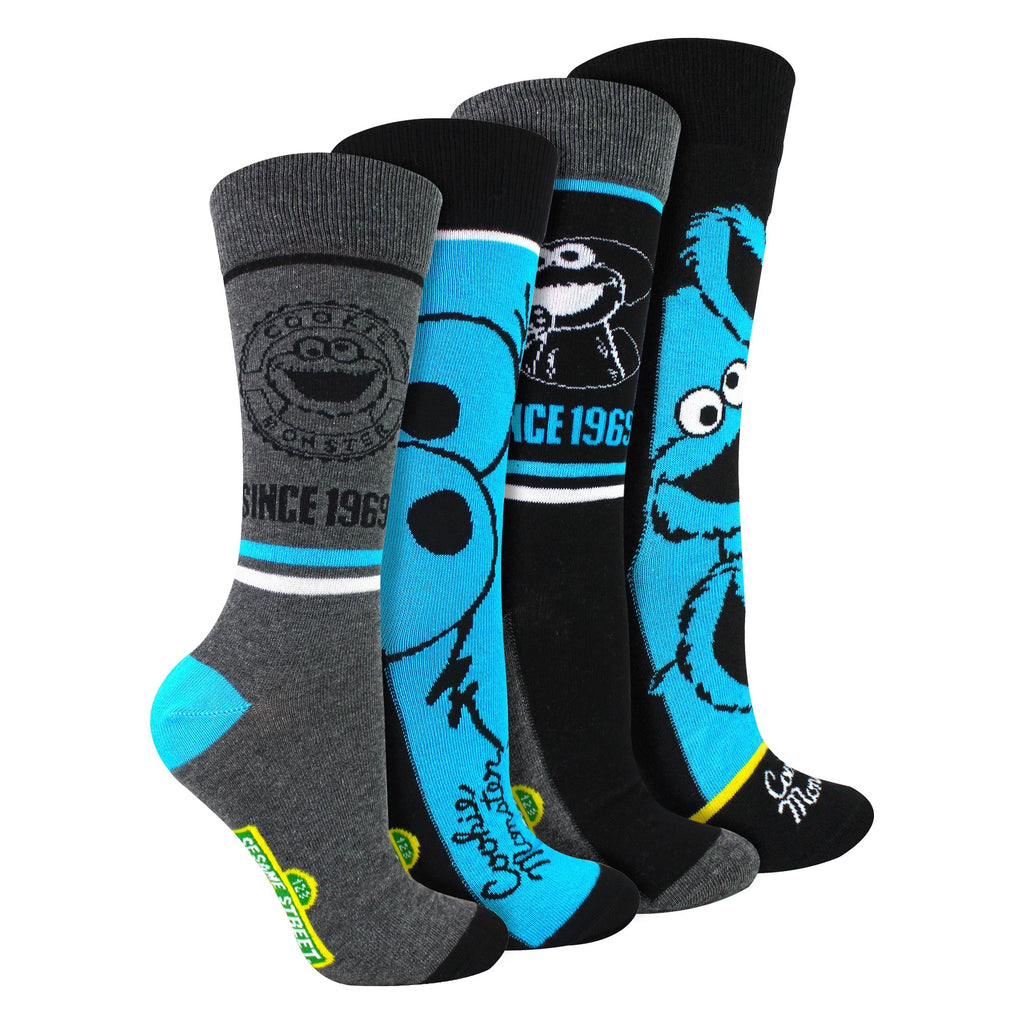 Mens Cookie Monster novelty socks 4-pack featuring assorted blue patterns crew length and cotton blend — view 4