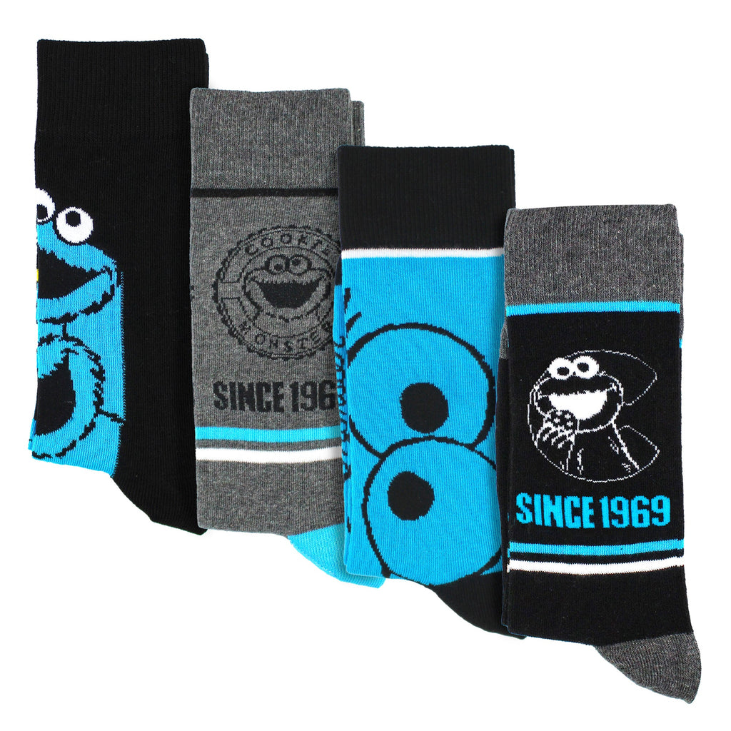 Mens Cookie Monster novelty socks 4-pack featuring assorted blue patterns crew length and cotton blend — view 2