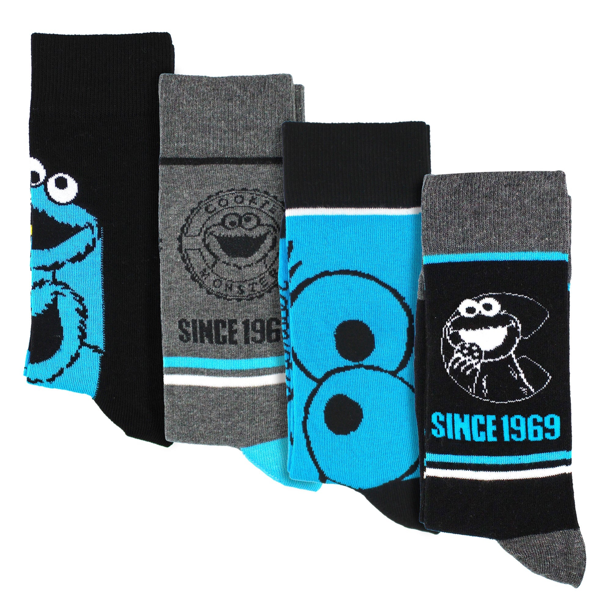 Mens Cookie Monster novelty socks 4-pack featuring assorted blue patterns crew length and cotton blend — view 2
