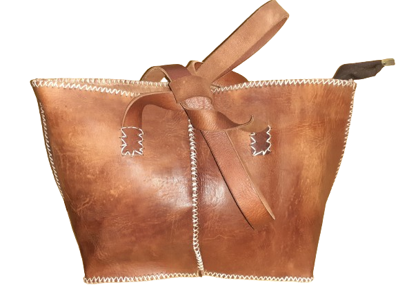 Medium rectangular rustic cowhide leather handbag with white stitching and sturdy dual handles. — view 9