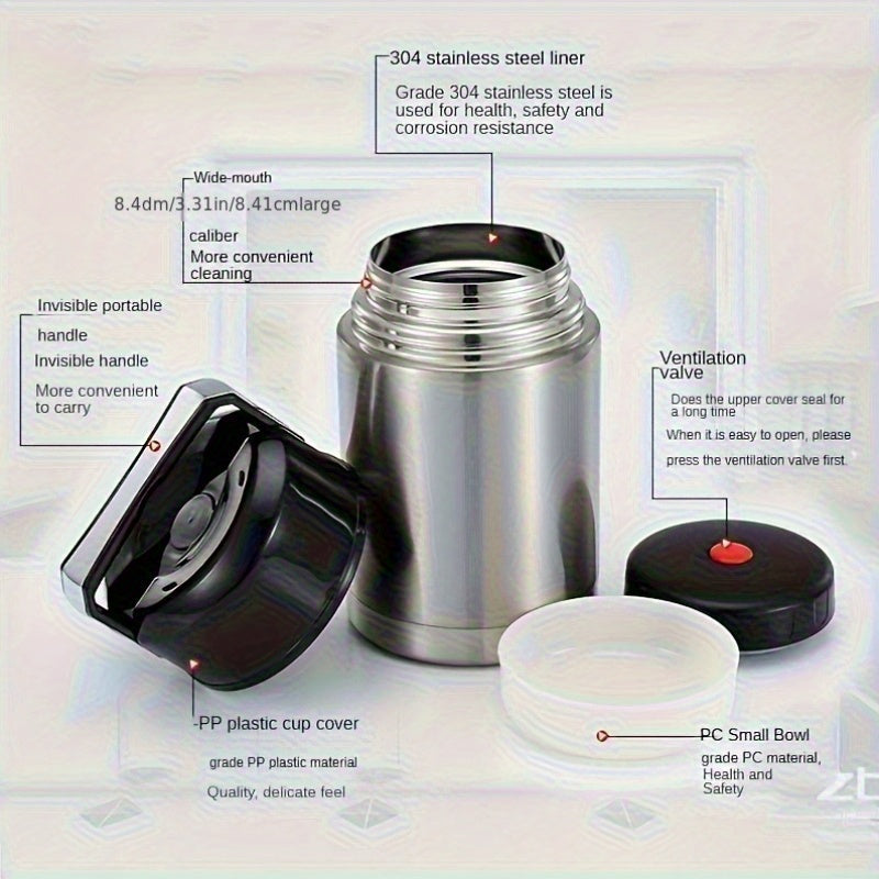 Stainless steel vacuum food can, large round silver insulated jar with leak-proof latch — view 3