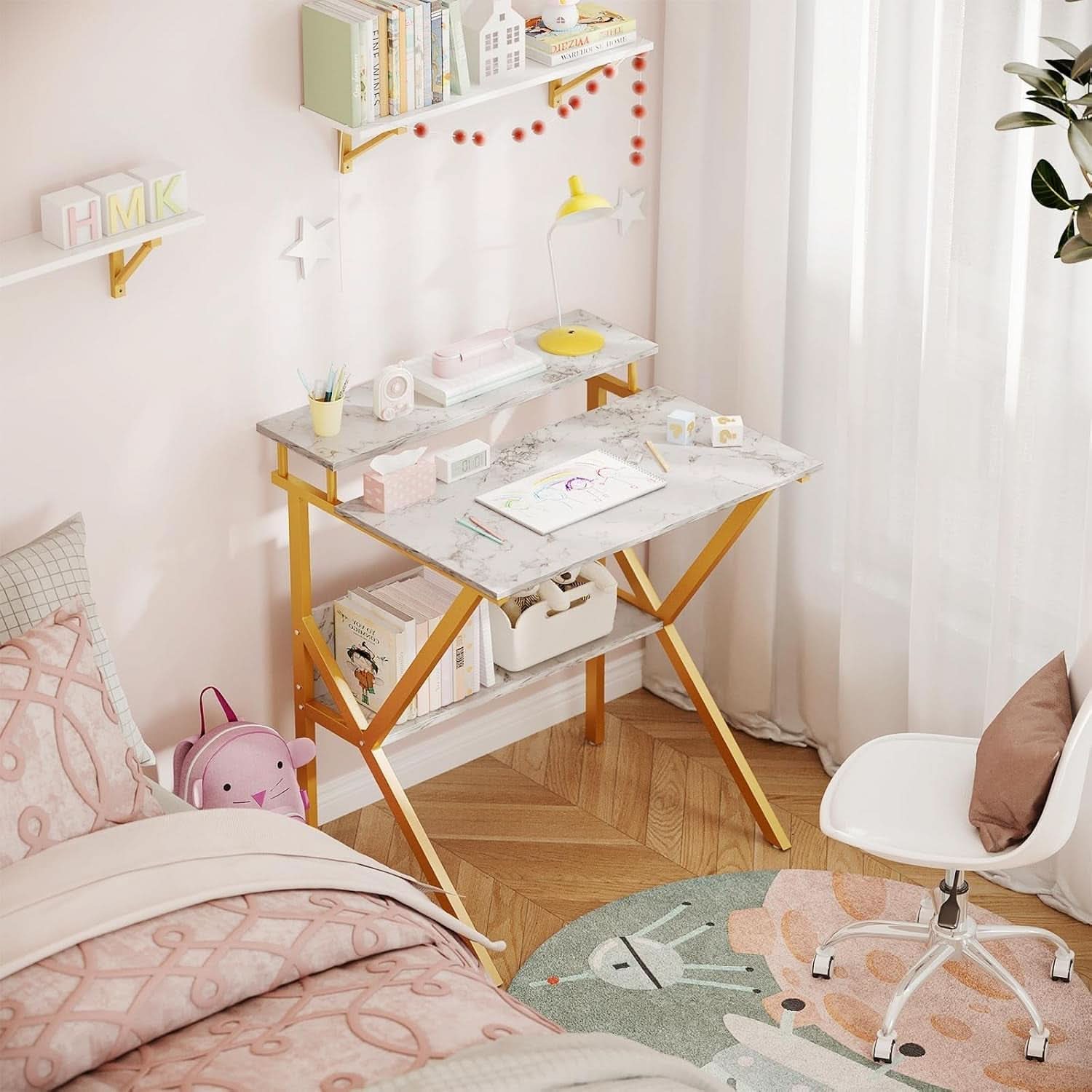 Compact 27.5-inch white marble computer desk featuring elegant gold legs and an ergonomic monitor stand — view 4