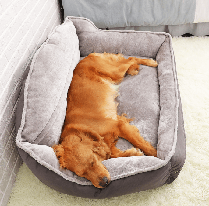 Plush polyester luxury sofa dog bed in a neutral color with cozy raised edges — view 5