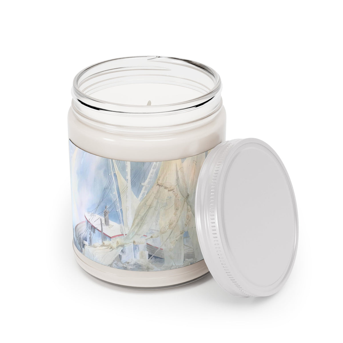 9oz Eco-Friendly Scented or Unscented Soy Wax Candle Jar  with 'Sailboat' Coastal Artwork by American Artist Barbara Cleary-1
