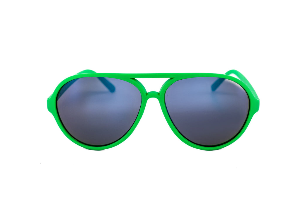 Neon green kids aviator sunglasses with dark smoke lenses and matte finish polycarbonate frame — view 2