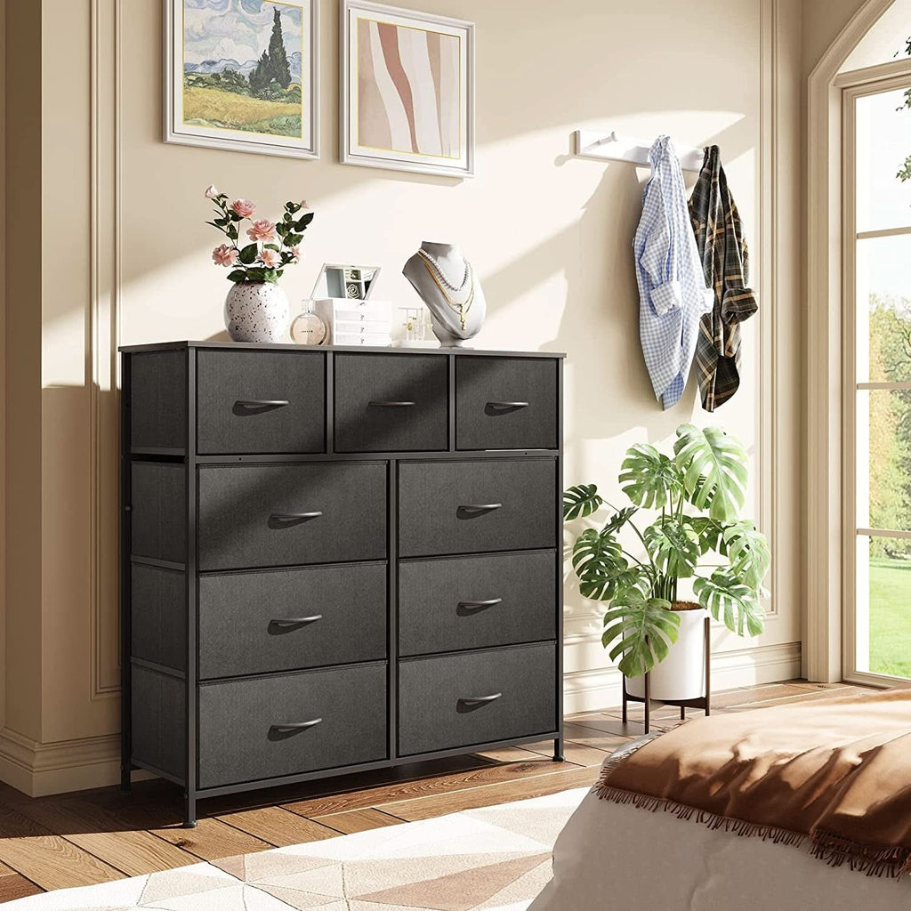 Charcoal black 9-drawer fabric storage tower with steel frame and water-resistant wood top — view 3