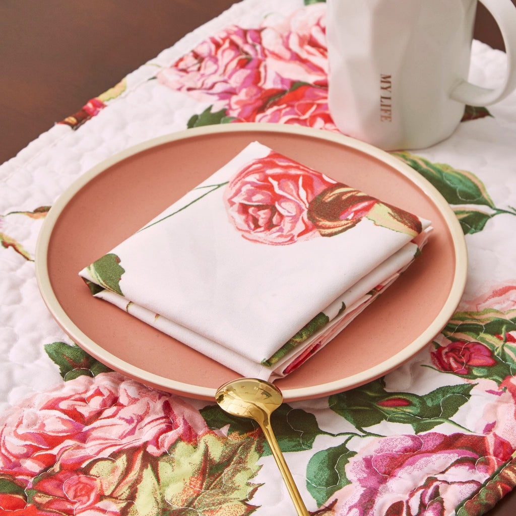 Set of four polyester romantic roses dinner napkins featuring vibrant pink floral pattern — view 2