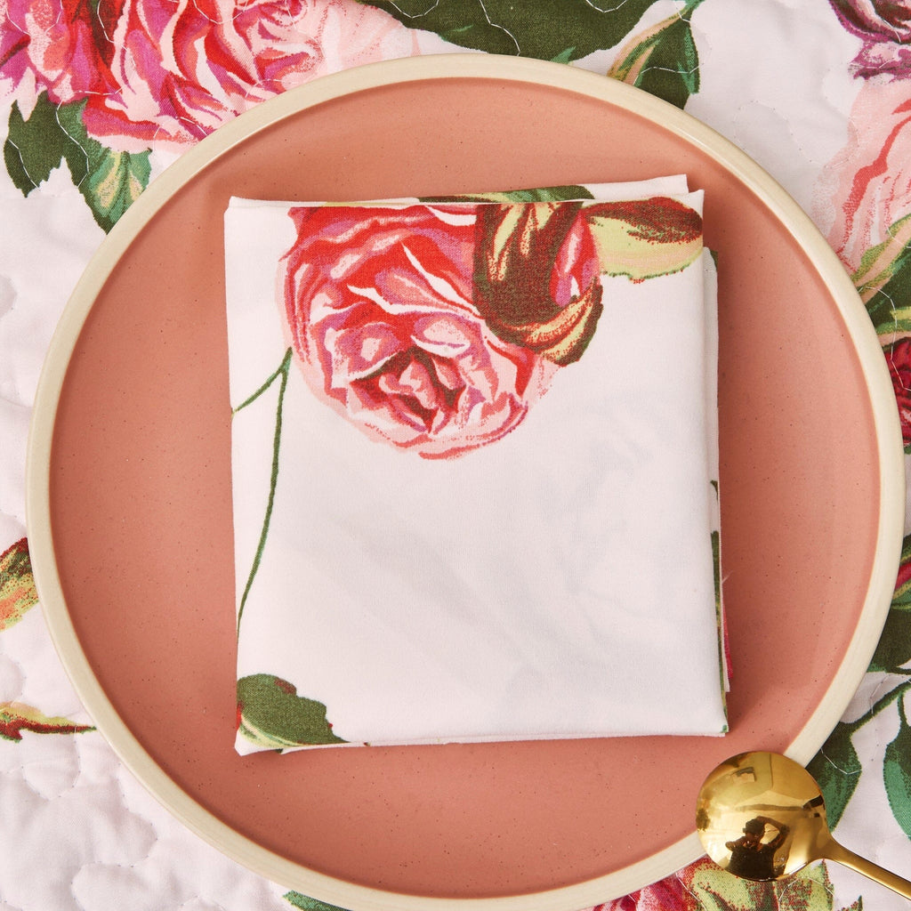 Set of four polyester romantic roses dinner napkins featuring vibrant pink floral pattern — view 3