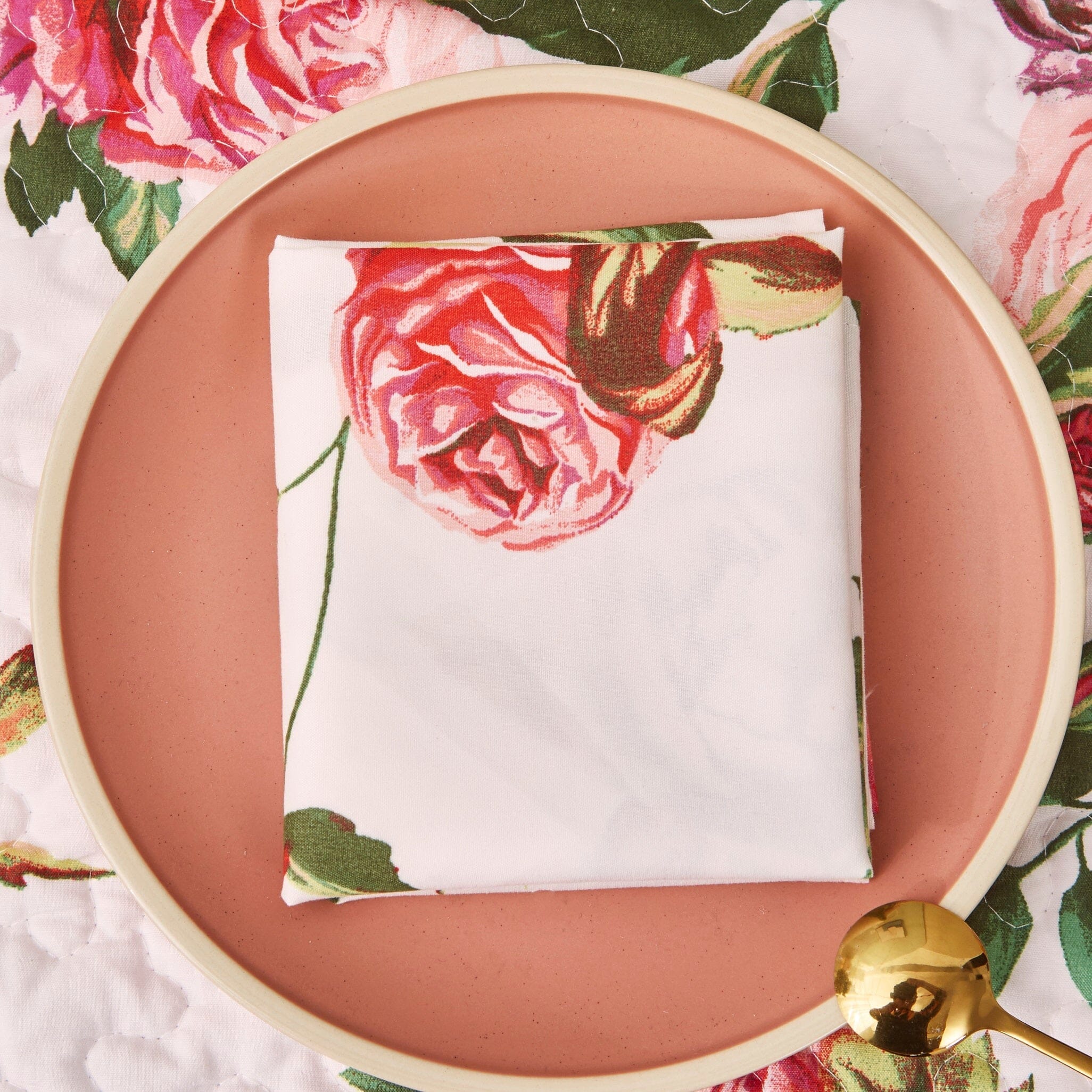 Set of four polyester romantic roses dinner napkins featuring vibrant pink floral pattern — view 3