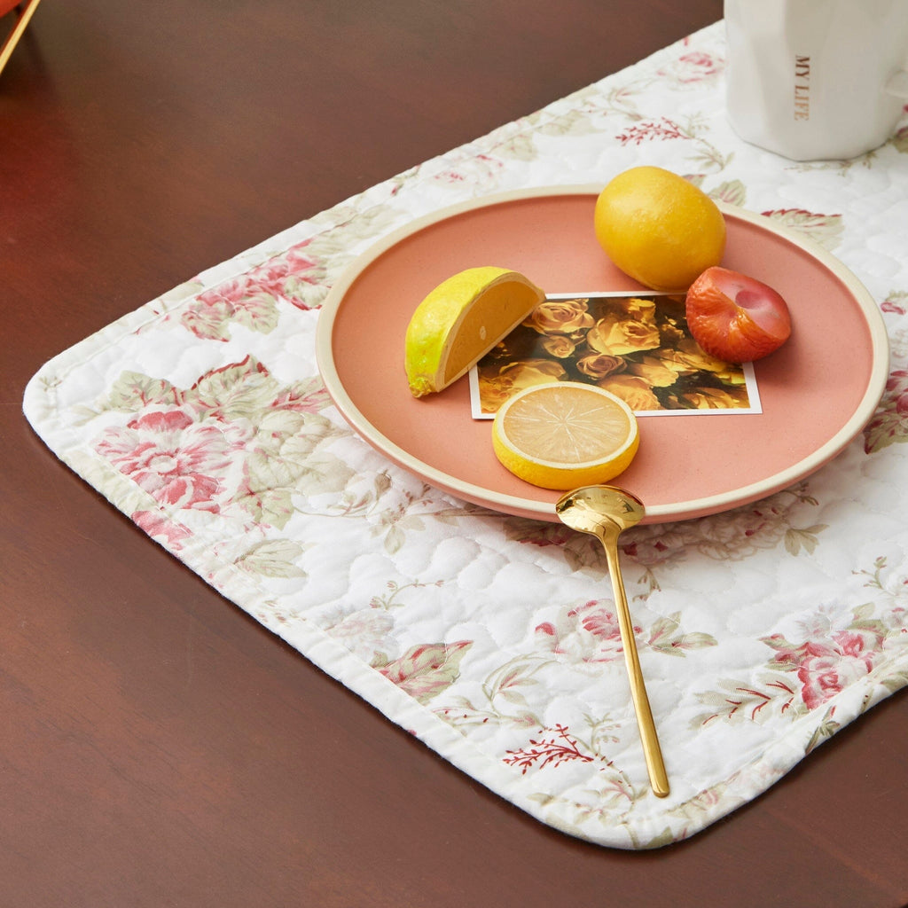Floral quilted cotton dining placemat set of 4 with pink roses and green foliage design — view 5