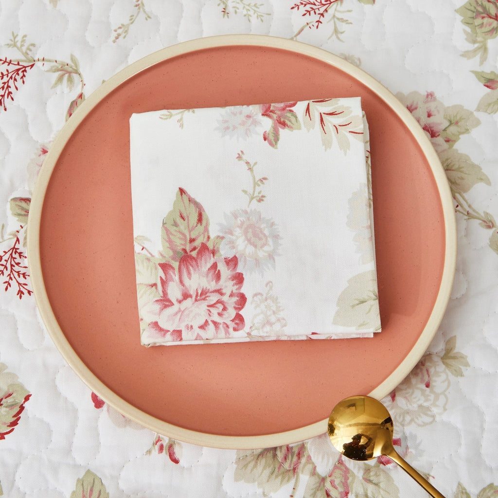 Set of four vintage mint floral cotton dining napkins with pink rose patterns — view 3