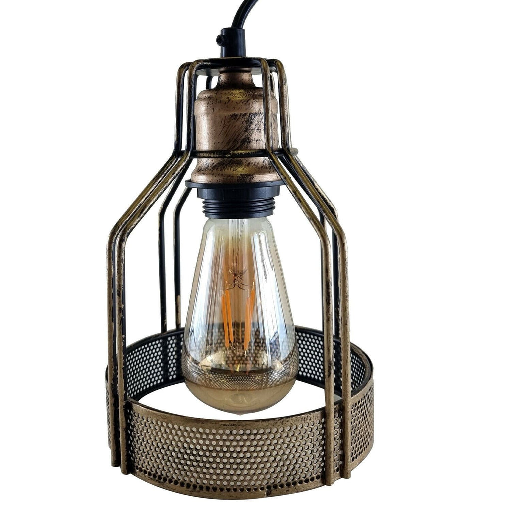 Vintage industrial brushed copper pendant light with a retro birdcage silhouette and hanging cable. — view 3