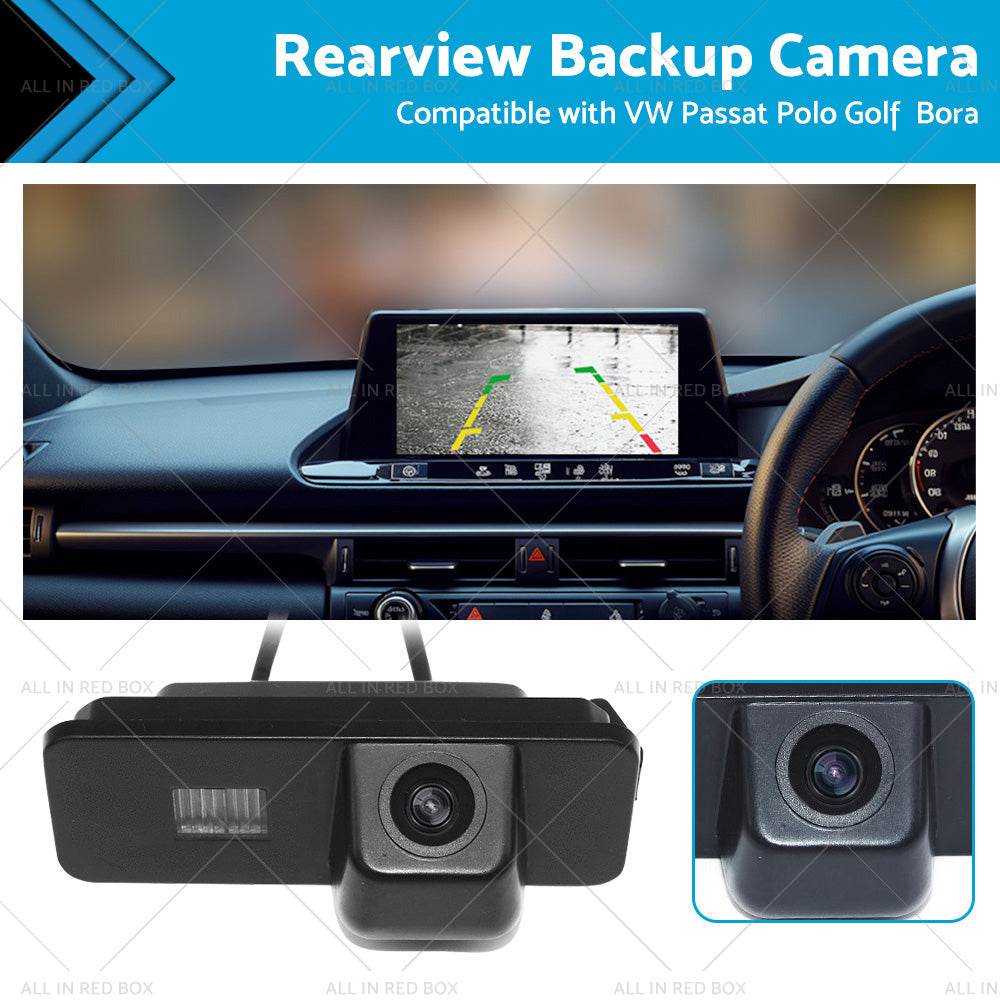 High-definition rear view backup camera for Volkswagen vehicles with wiring cables and power supply.