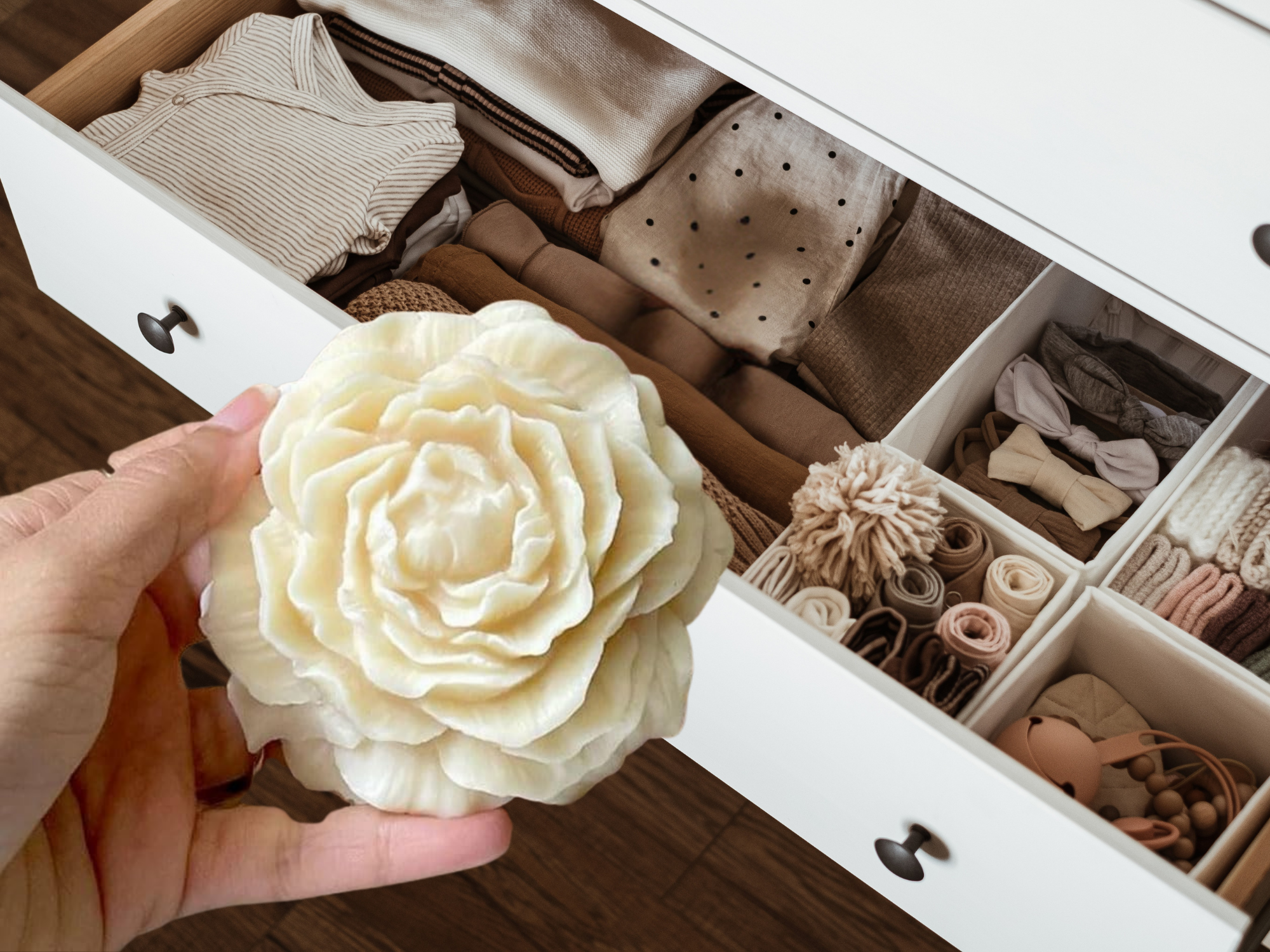 Handcrafted scented wax flower freshener sachet packaged in an elegant gift box with an organza bag — view 3