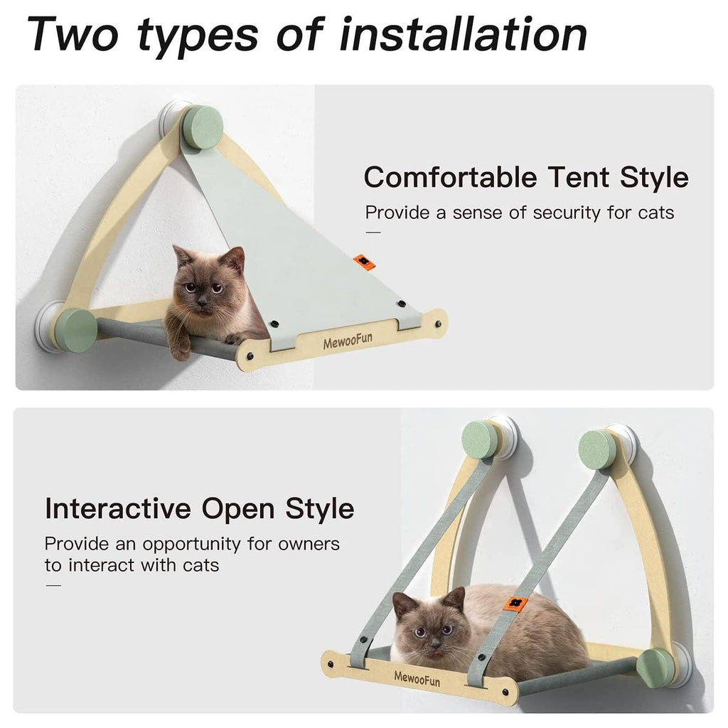 Wooden cat hammock window seat with breathable canvas mat attached to glass using suction cups — view 4