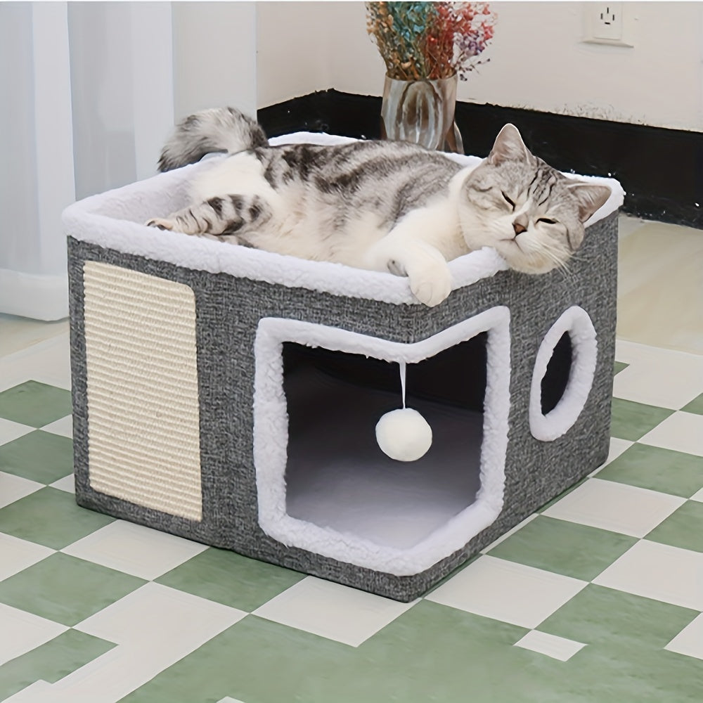 Double-layer nylon cat bed cave sofa with sisal scratching pad and foldable design. — view 2
