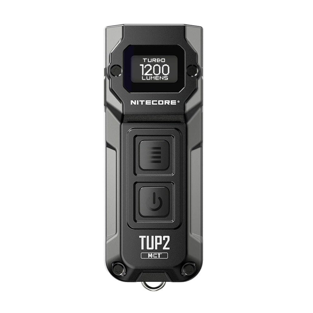 Black intelligent keychain flashlight with OLED display, metal keyring, and multiple LED color temperatures