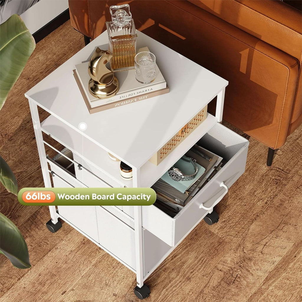White 2-drawer vertical filing cabinet and mobile printer stand with wooden top and fabric drawers — view 5